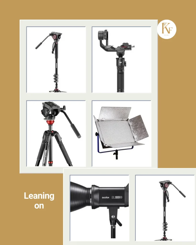 Lights and support gear including monopods and tripods which are essential to making wedding films. It also has the text "leaning on"