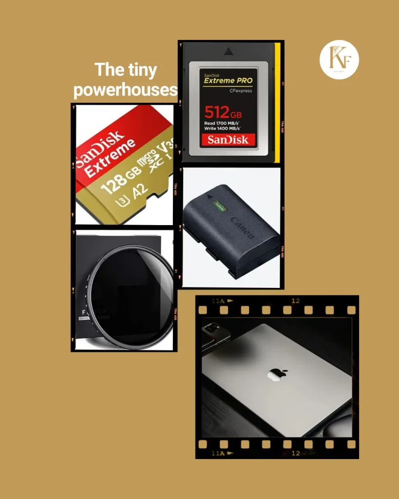 Memory cards, batteries and filters used in wedding videography in Bangalore. There's also a photo of an Apple Macbook Pro that is used for editing wedding films.